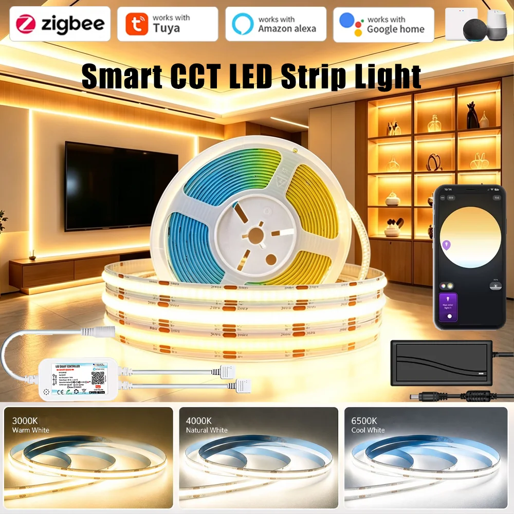 tuya-zigbee-30-cob-cct-led-ストリップライト-24v-608led-高密度フレキシブル調光可能な食器棚ワードローブ装飾ランプ-alexa-google-用