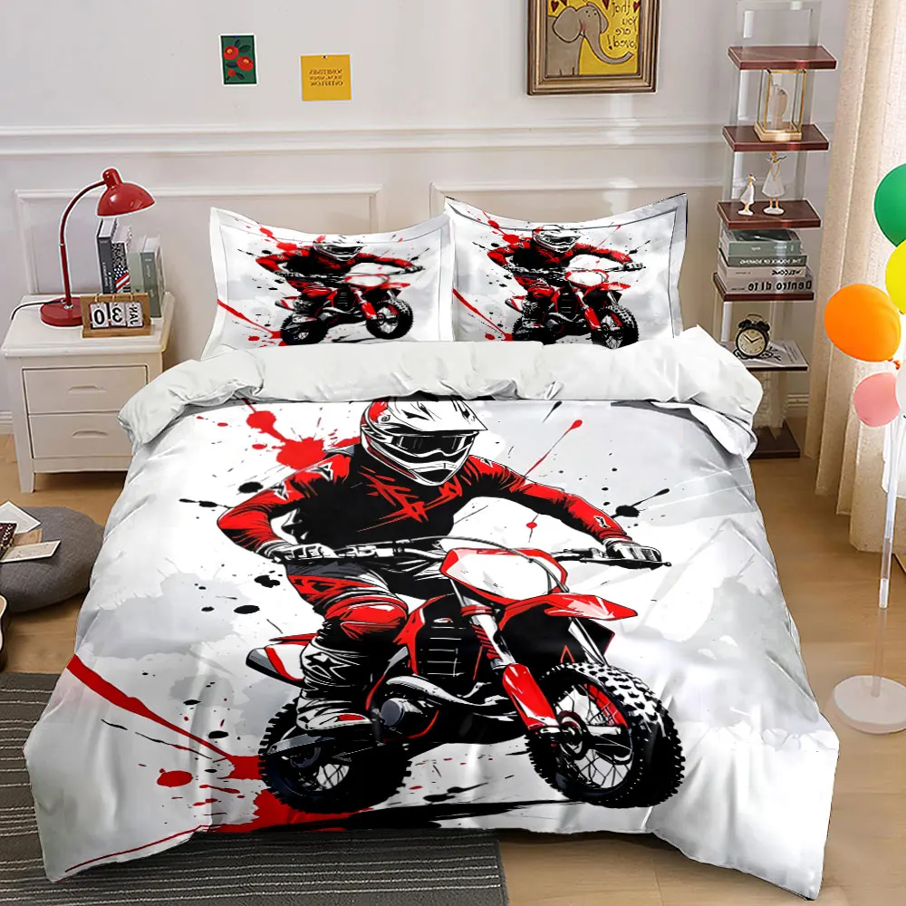 Red motocross rider Bedding Set for Kids Luxury Gift 3pcs Digital Print Comforter Set Soft Comfortable Breathable