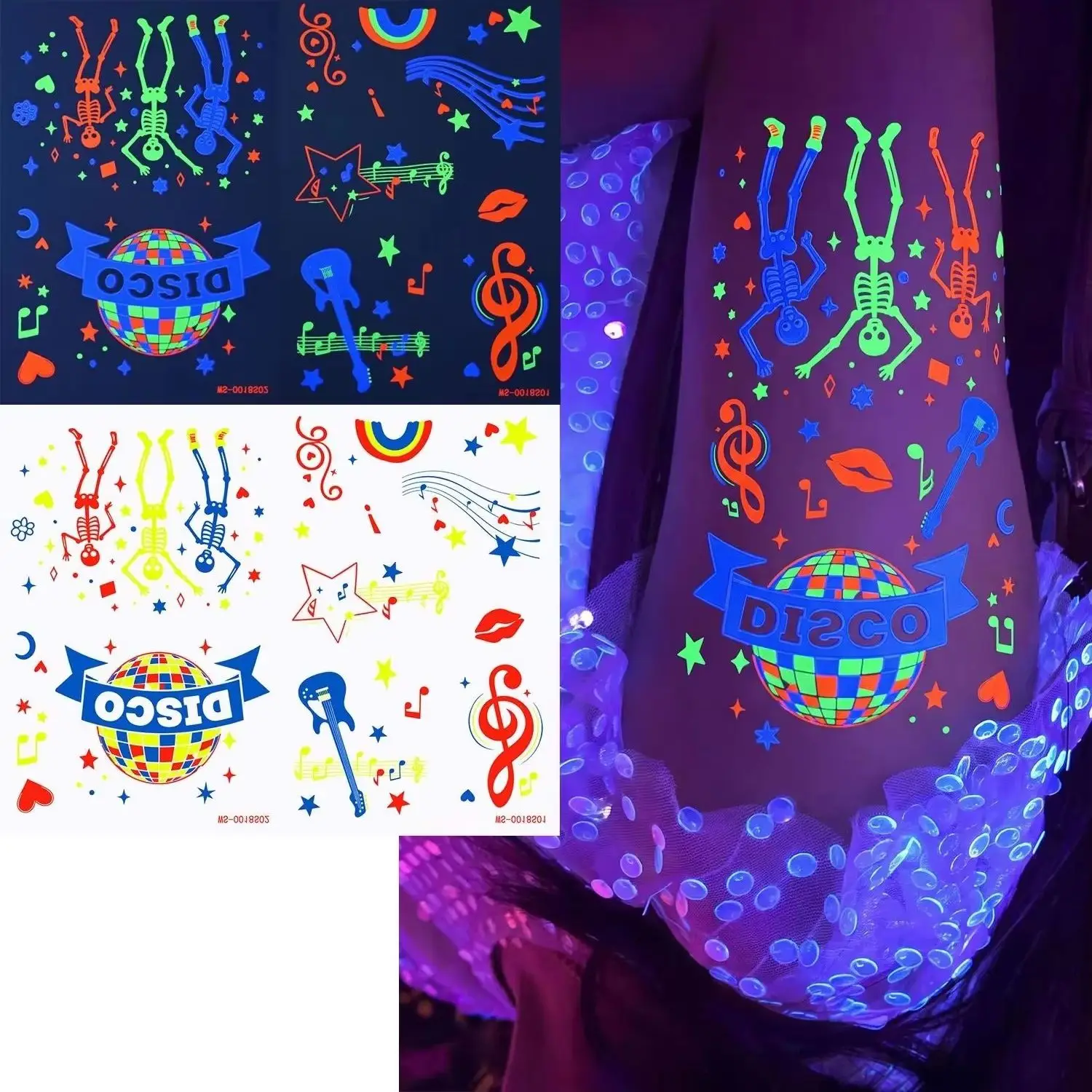 10pcs UV Blacklight Glow Temporary Tattoos Neon Skull & Love Heart Luminous Body Art Tattoo Rave Halloween Cosplay Night Events*