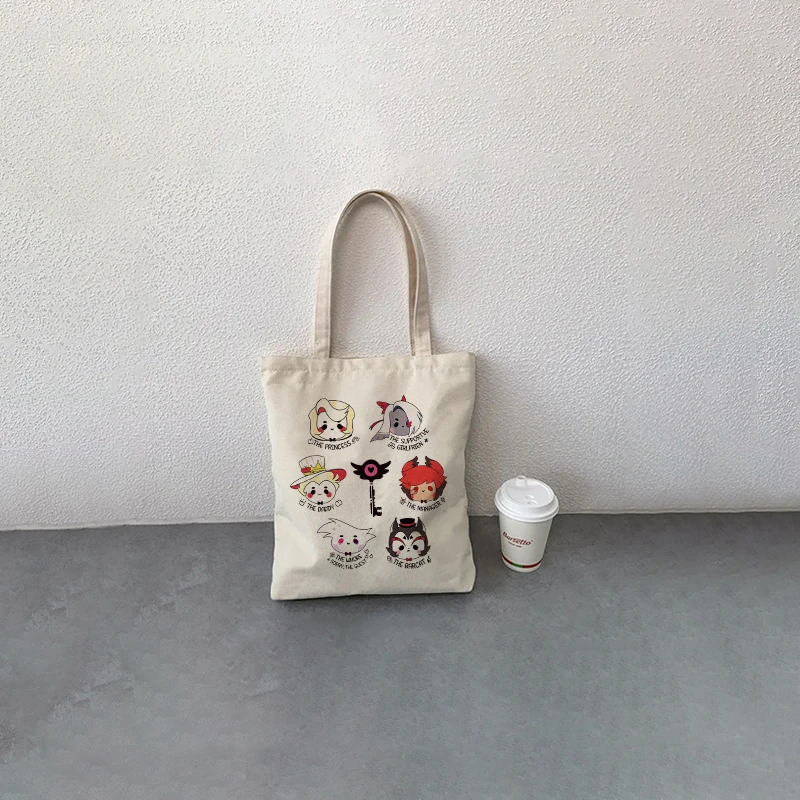 Bolso de hombro de lona con estampado de Anime para mujer, bolsa de almacenamiento de viaje para compras, lápiz labial, Anime oscuro, Devil Hotel Hazbin, regalo de amante, moda