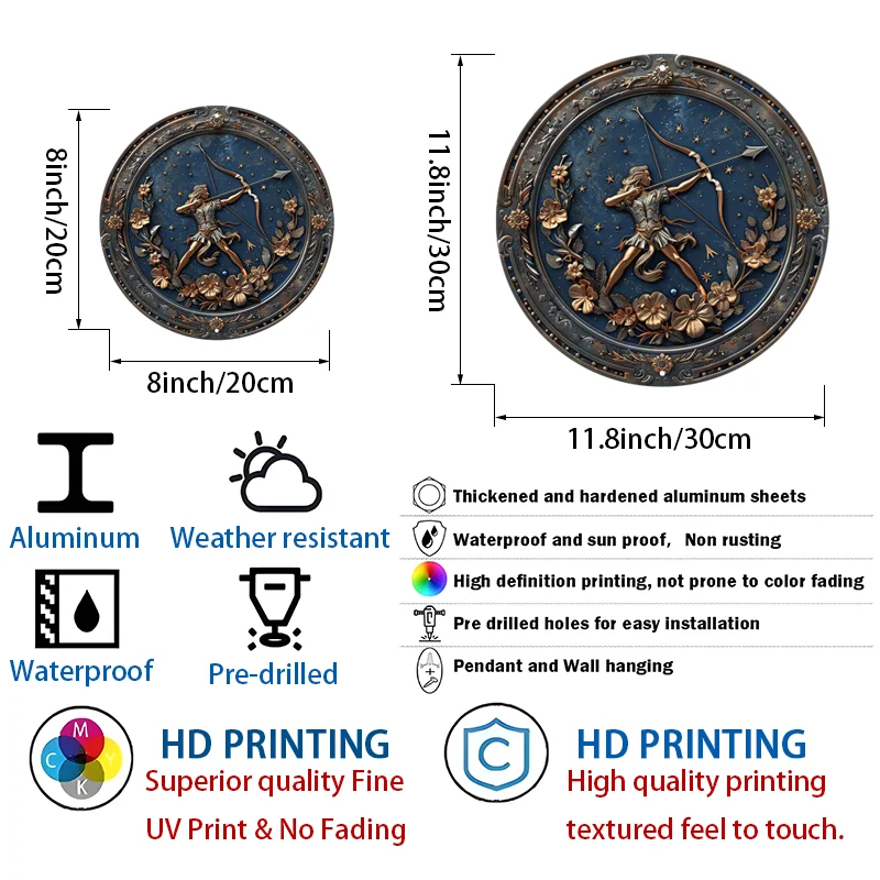 Sagittarius Zodiac Sign Archer, Aluminum Metal Wall Decor Sign, Round, Waterproof, Outdoor, Indoor, Door Hanger, 8in&11.8in 1PC - Image 5