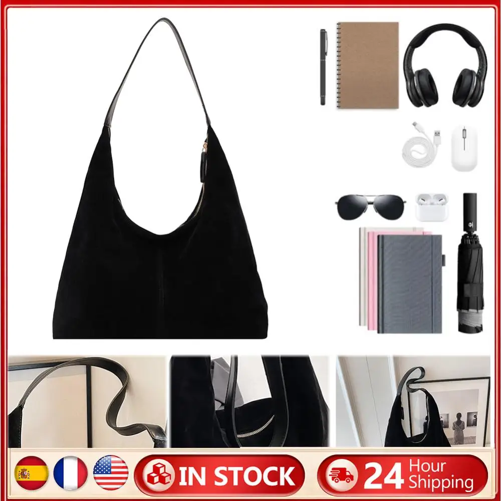 

Women Suede Shoulder Bag with Zipper Hobo Bag Large Capacity Underarm Bag Solid Slouchy Bag Commuter Travel Bag