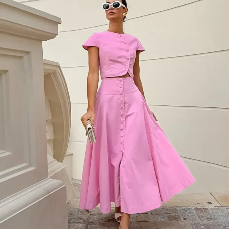 

2025 Summer Pink Cotton Women's Suit Button Round Neck Short Sleeve Top + High Waist Skirt 2-piece Suit Fashion Casual Outfits