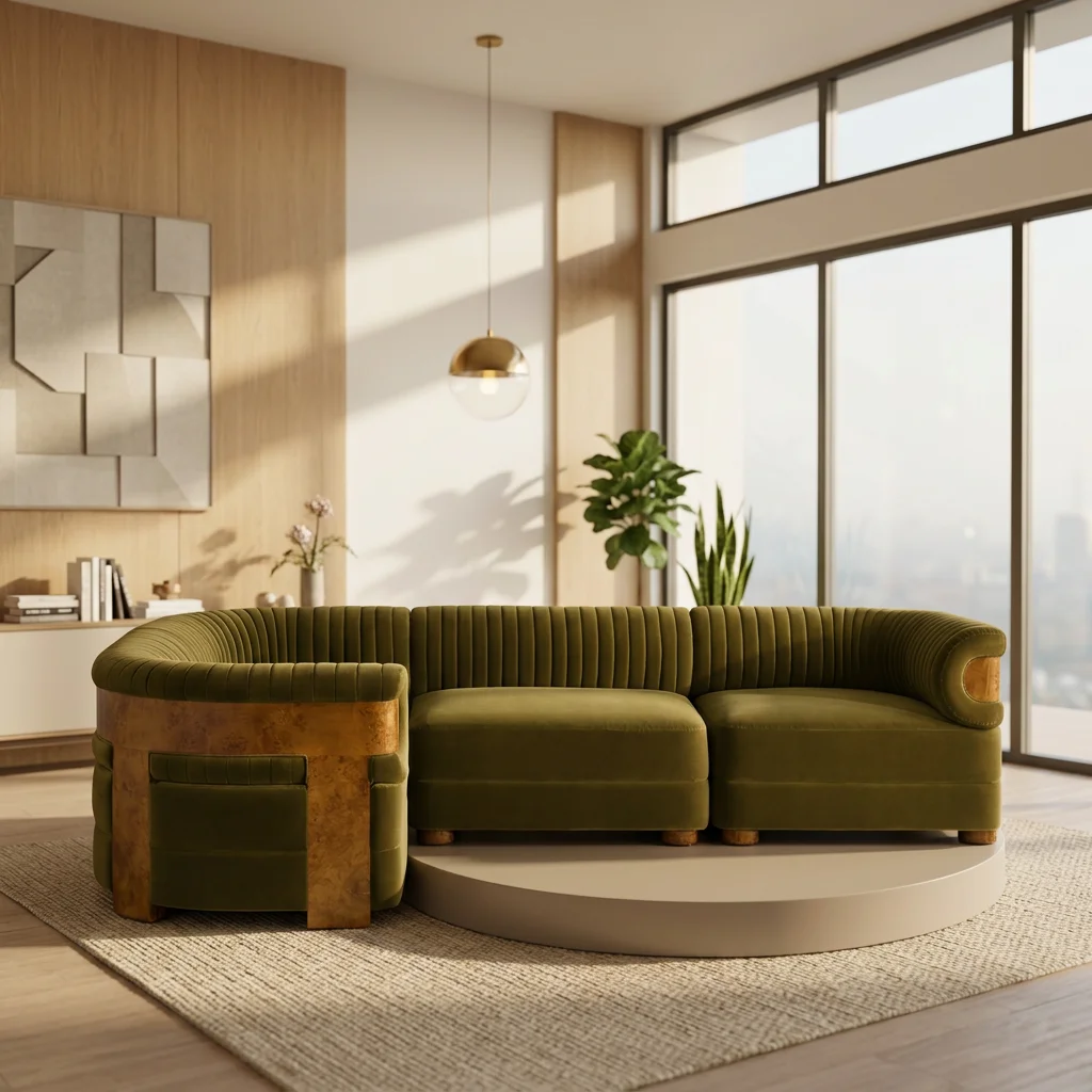 Luxury wood grain solid wood combination sofa, hemp green velvet L-shaped sofa with grooved backrest, suitable for villa