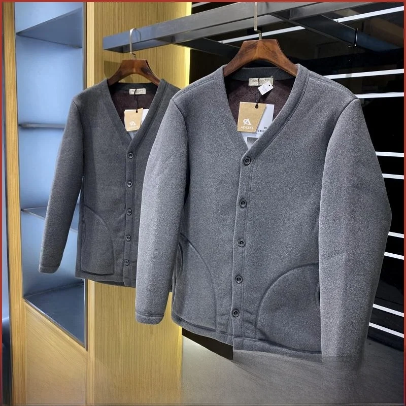 

Thiened Fce Warmth V-ne Men's Casual Jaet Cardigan Autumn Winter New Sle Youth ular Stand Fit Long Sve Coat