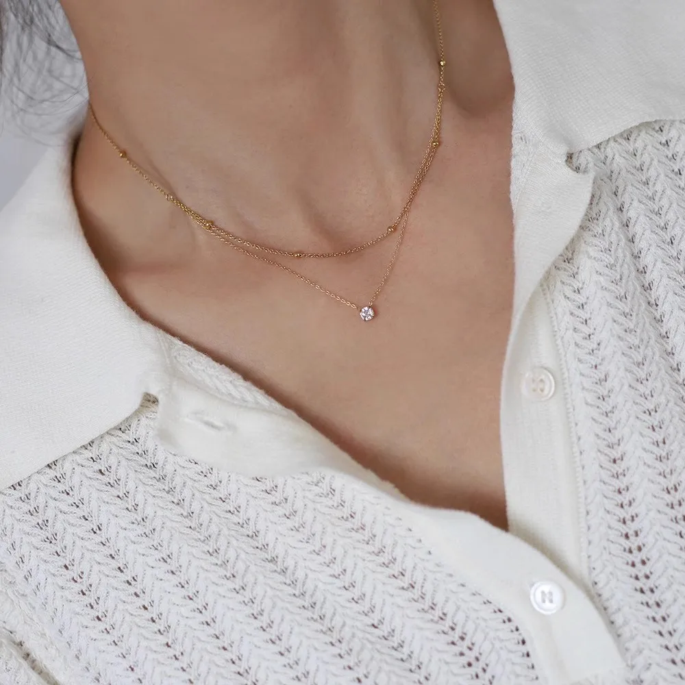 Stylish Shiny Zircon Double Layer Staniless Steel Waterproof Gold Plated Choker Necklace Stacked Fashion Jewelry Gift for Women 5