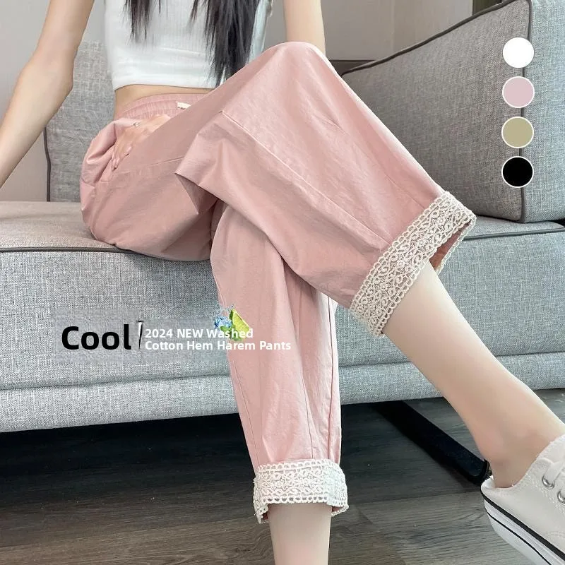 

Брюки повседневные больших размеров 300 Pou, прямые брюки-галифе с кружевной отделкой, джинсы в стиле Dad, модные укороченные брюки с высокой талией Harlan P