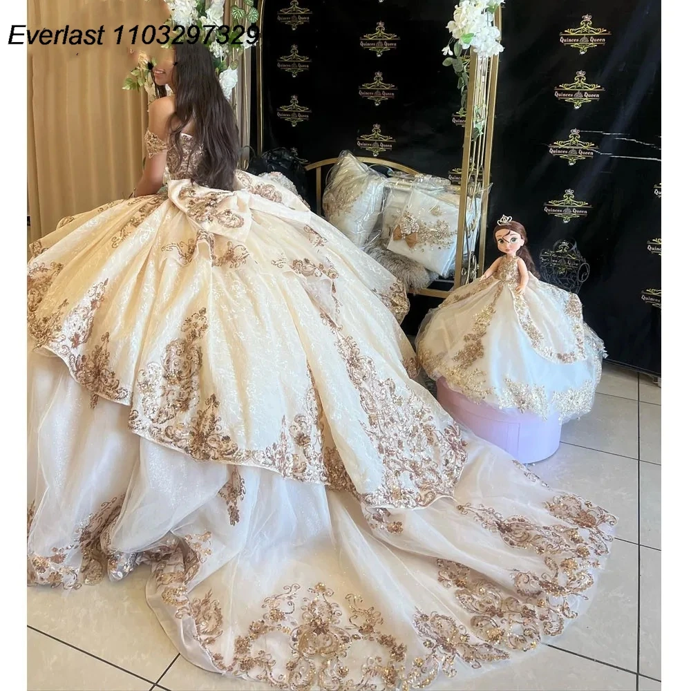 فستان Quinceanera على الكتف ، فستان حفلة دانتيل عاجي ذهبي ، مزين بالزهور ، مشد دانتيل ، حلو 16 ، TQD841