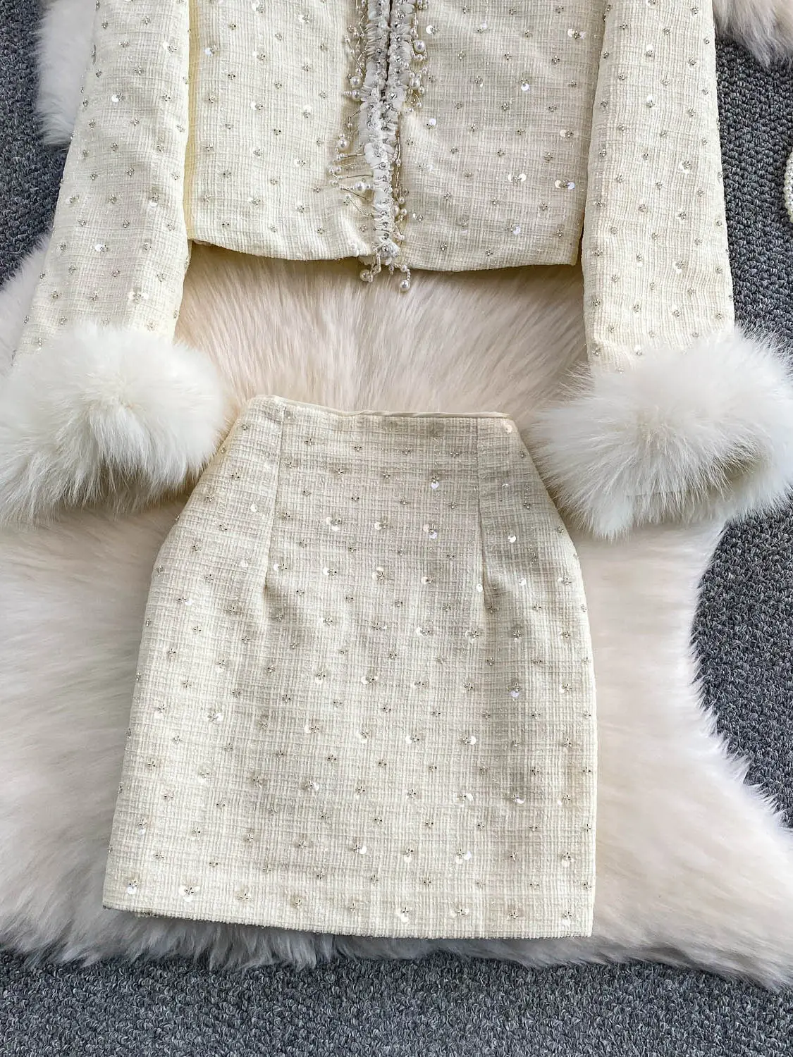French Style Elegant Heavy Industry Beading Plush Long Sleeve Short Jacket High Waist Sequin Tweed Skirt Two-Piece Set for Women