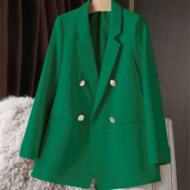 Solid Casual Coat Metal Buckle Small Suit Women\'s Jacket Clothing Summer Double Breasted Office Lady Elegant Blazers Thin Autumn