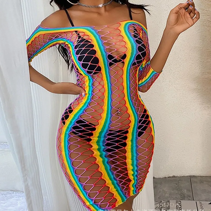 

Women Colorblock Off the Shoulder Long Sleeve Fishnet Lingerie Sexy Hollow Out See Through Babydoll Lingerie