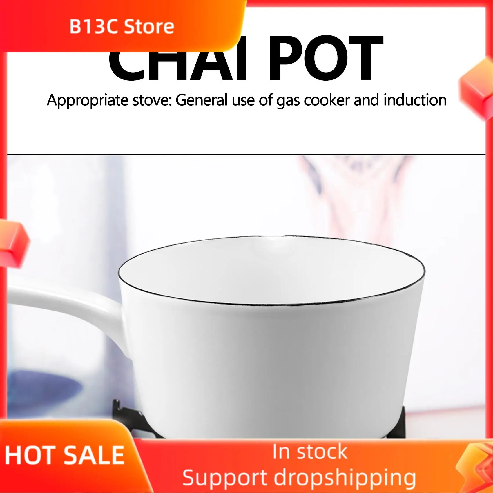 B13C 1.3L Japanese Style White Ceramics Milk Pot Kitchen Cooking Pan Pot Stewpan Baby Food Saucepan With Long Handle For One Peo