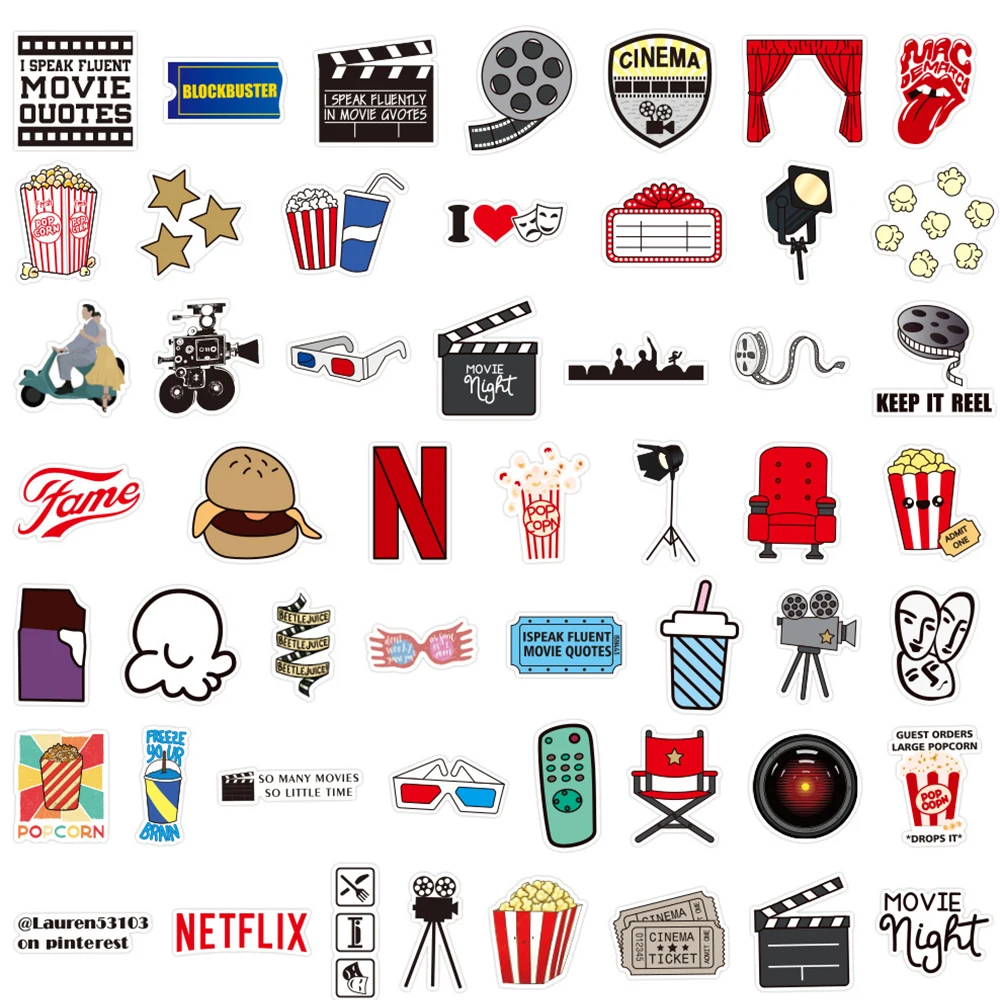 10/30/50PCS Movie Shooting Cinema Cartoon Sticker Camera Popcorn Film Decals DIY Laptop Phone Helmet Suitcase Sticker Kids Toy