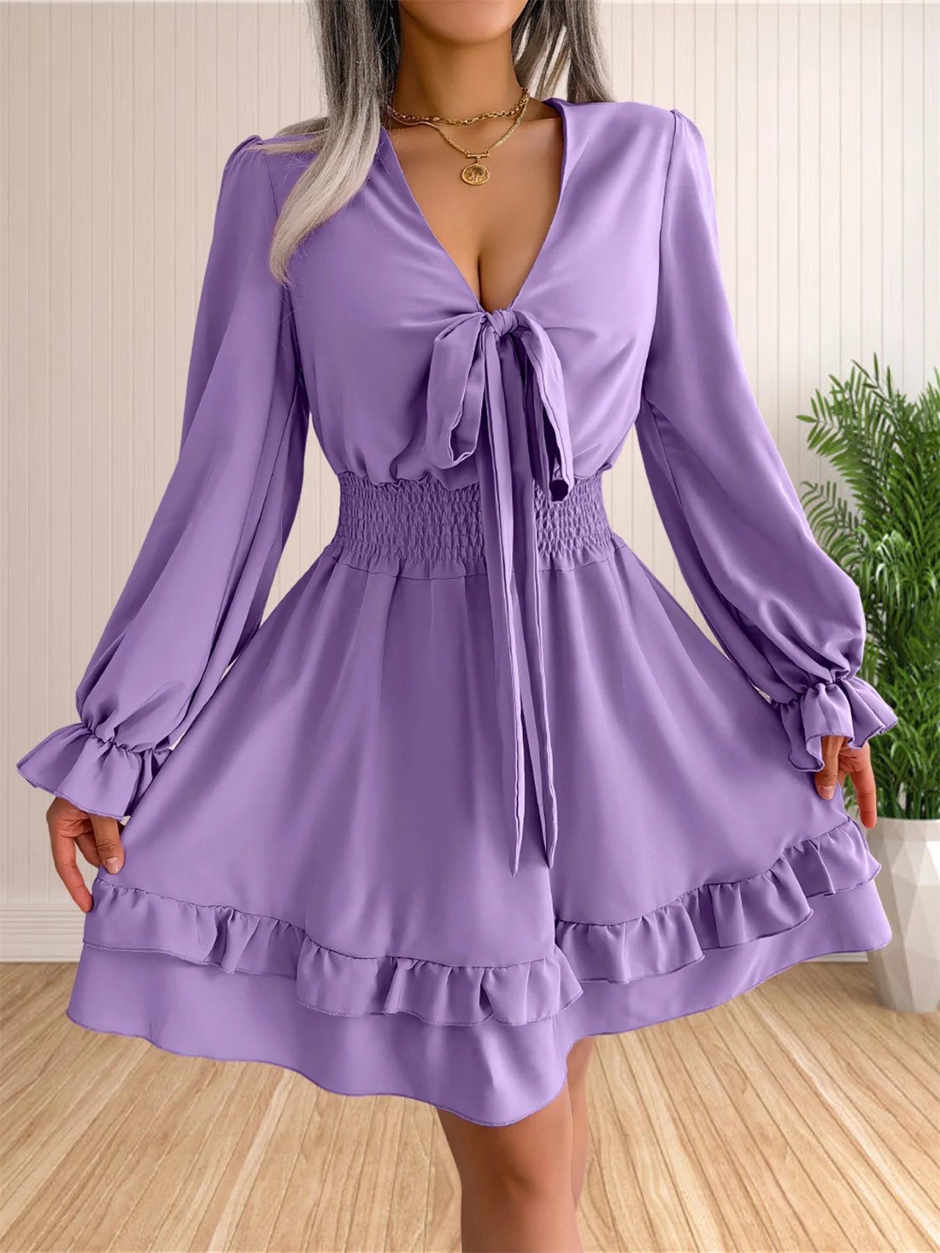 Women's Sexy Deep V Neck Knot Front Long Sleeve Smocked Wiast Ruffle Tiered Swing Mini Skater Dress
