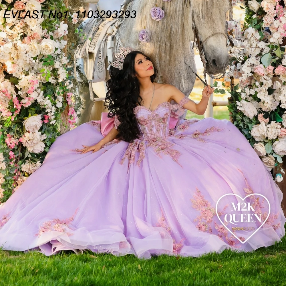 Evlast personalizado brilhante lilás vestido de baile quinceanera vestido rosa renda applique miçangas arco doce 16 vestidos de 15 anos e1qn116