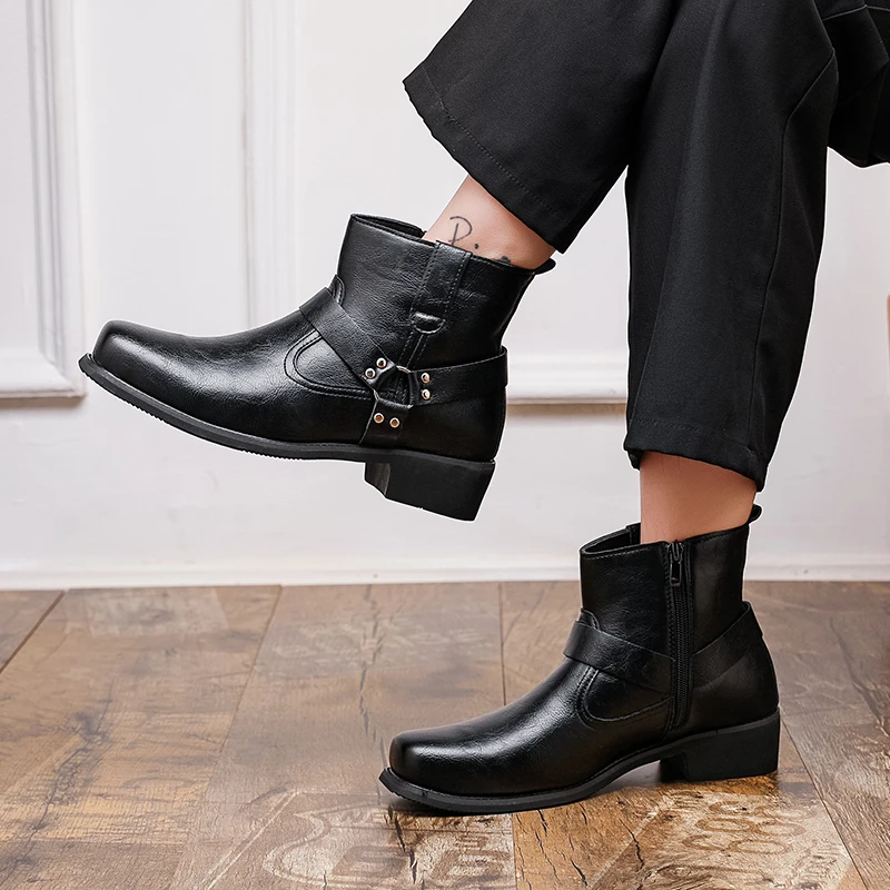 Men High Top Boots PU Solid Color Low Heel Square Toe Fashionable Classic Men Boots Size 38-46