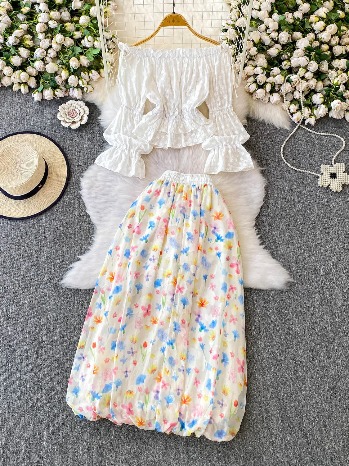 

Pure Desire One oulder Lace Trim irt And Skirt Set Beautiful Agel Flloom f Length Bell Sve Faion Ensemble