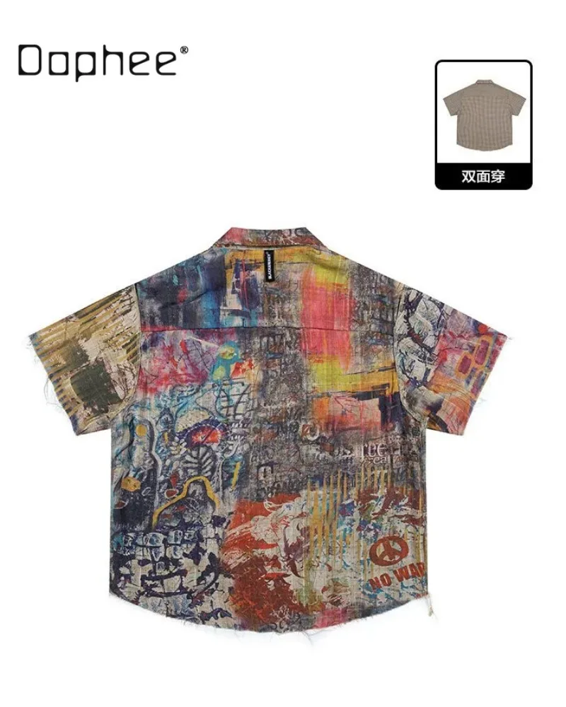 2026 Summer Men's Double-Sided Plaid Shirt Lapel Short Sleeve Graffiti Print Loose Casual Hip-pop Streetwear Top Shirts For Men