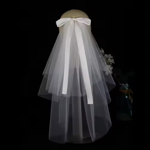 LA003 Bridal Veil Two-Layer Plain Tulle Satin Bow Handmade White Short Headdress Veil for Wedding Dress - Image 3