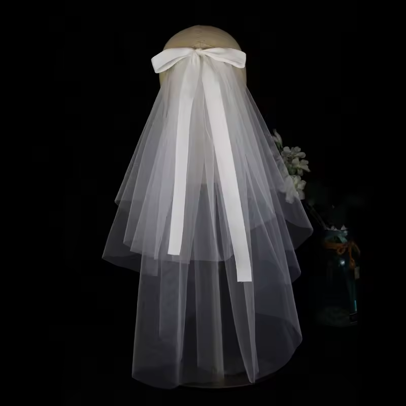 LA003 Bridal Veil Two-Layer Plain Tulle Satin Bow Handmade White Short Headdress Veil for Wedding Dress - Image 3