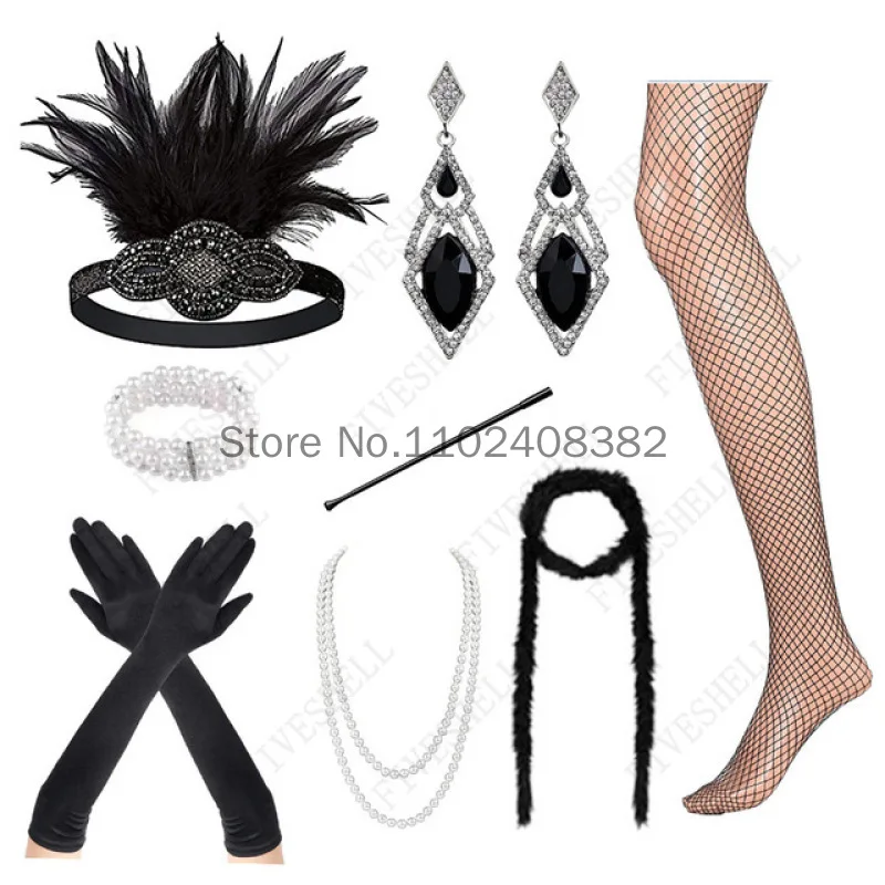 Women Vintage Gatsby Feather Headband Flapper 1920s Costume Accessories Set Cigarette Holder Pearl Necklace Earring Gloves Set