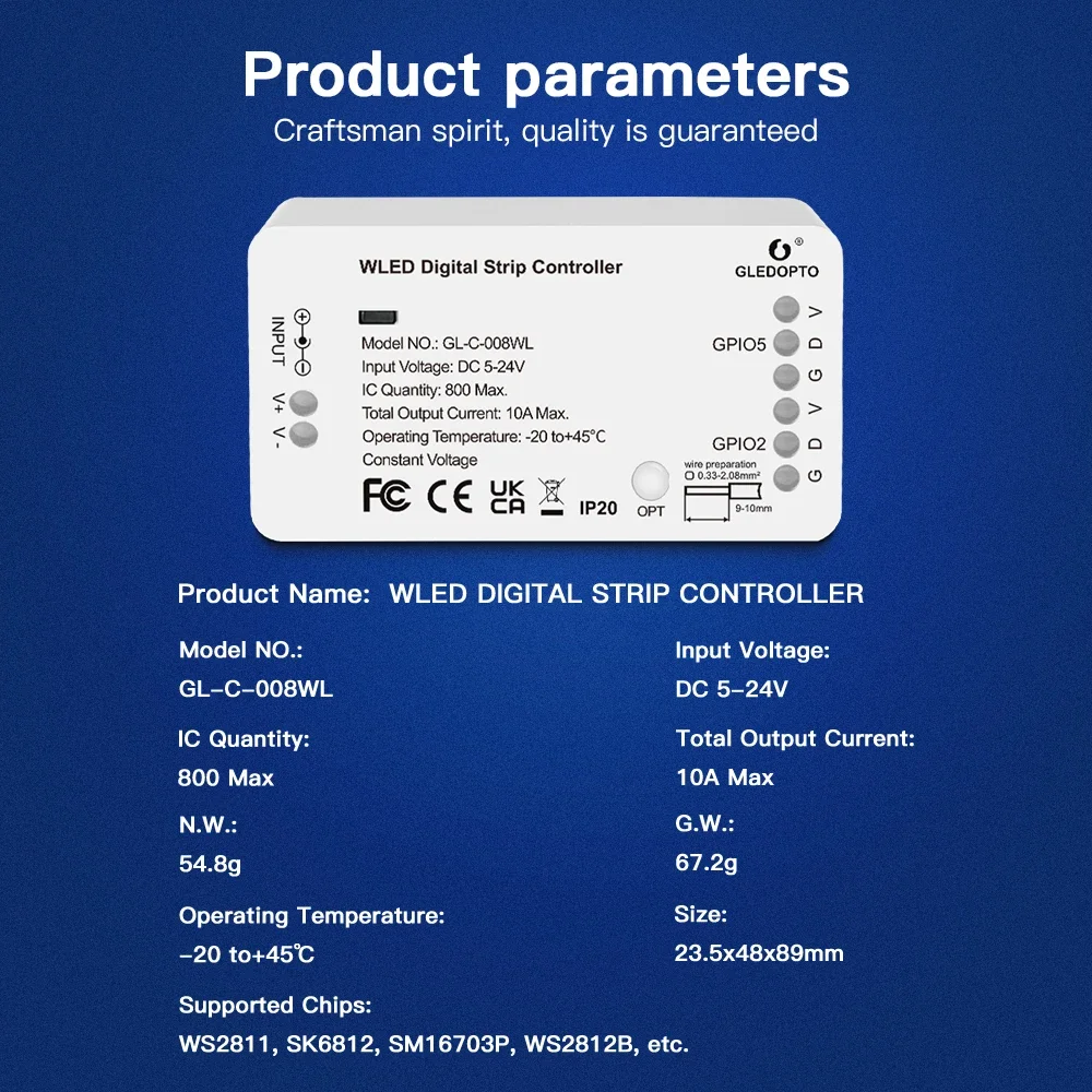 WLED Strip Light Controller 5-24V RGB SPI DIY Modes APP Wifi Control 008WL for WS2812B WS2811 SK6812 TM1814  IC Pixel Tape Lamp