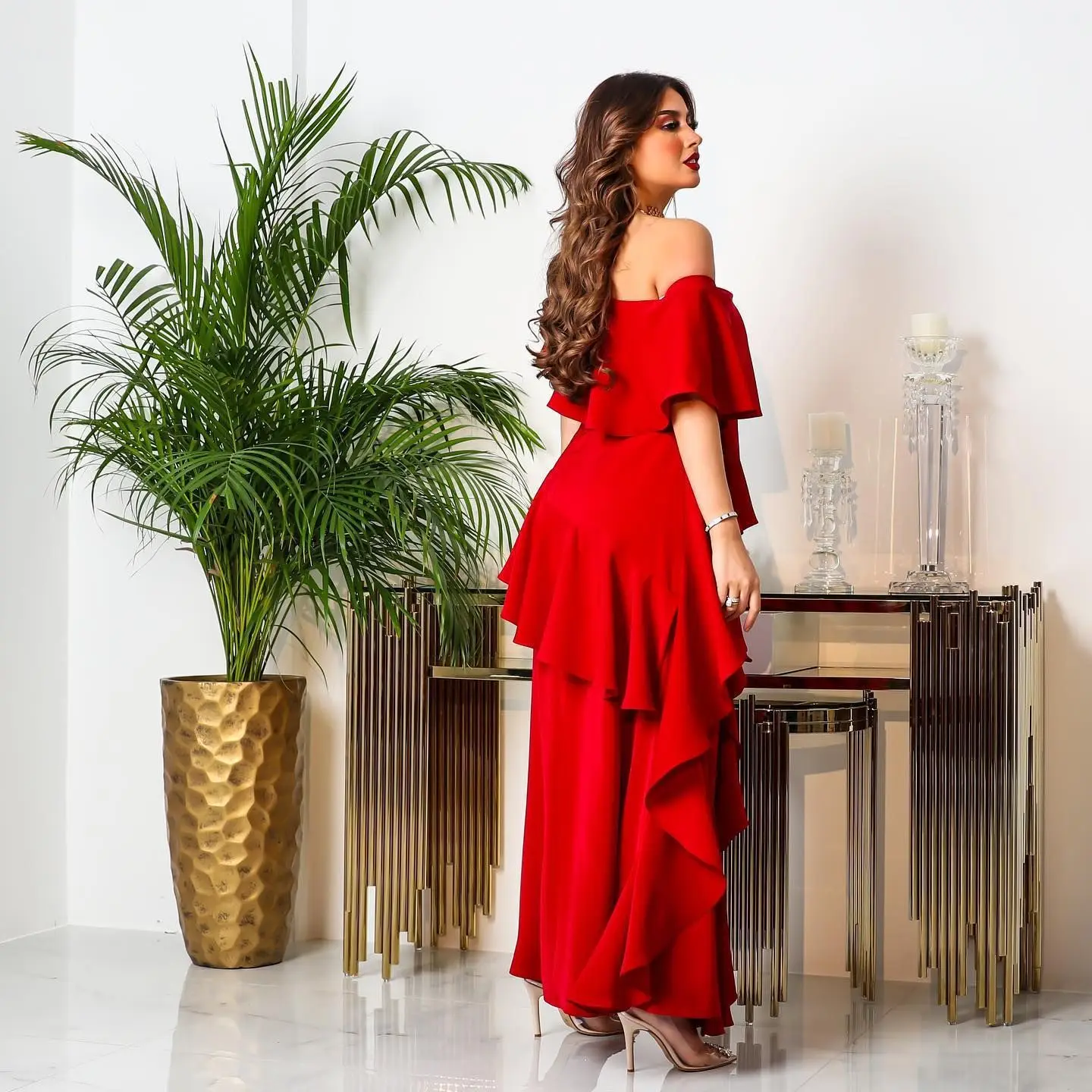 India Dubai Party Dress for Women Skew Collar Ruffle Ball Gown Vestidos Wedding Prom Evening Dress Red Color Morocco Dresses