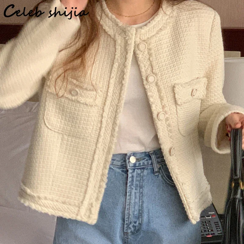 Chic Tweed Jackets Women  Beige Black Woolen Outfit Korean Fashion Single Breasted Cropped Coat Female Business OL Clothing