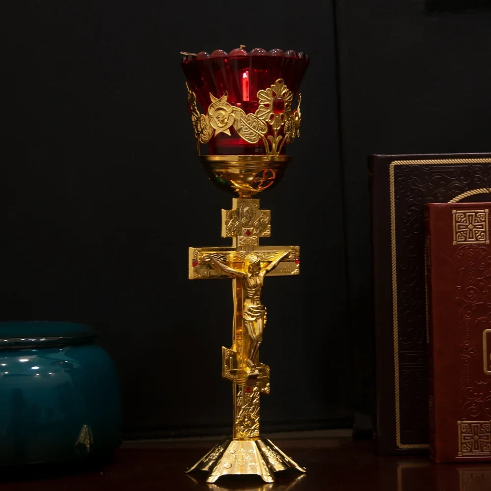 

Traditional Orthodox Jesus Pattern Metal Stand Candlestick Church Candlestick Table Decoration with Home or Worship Use