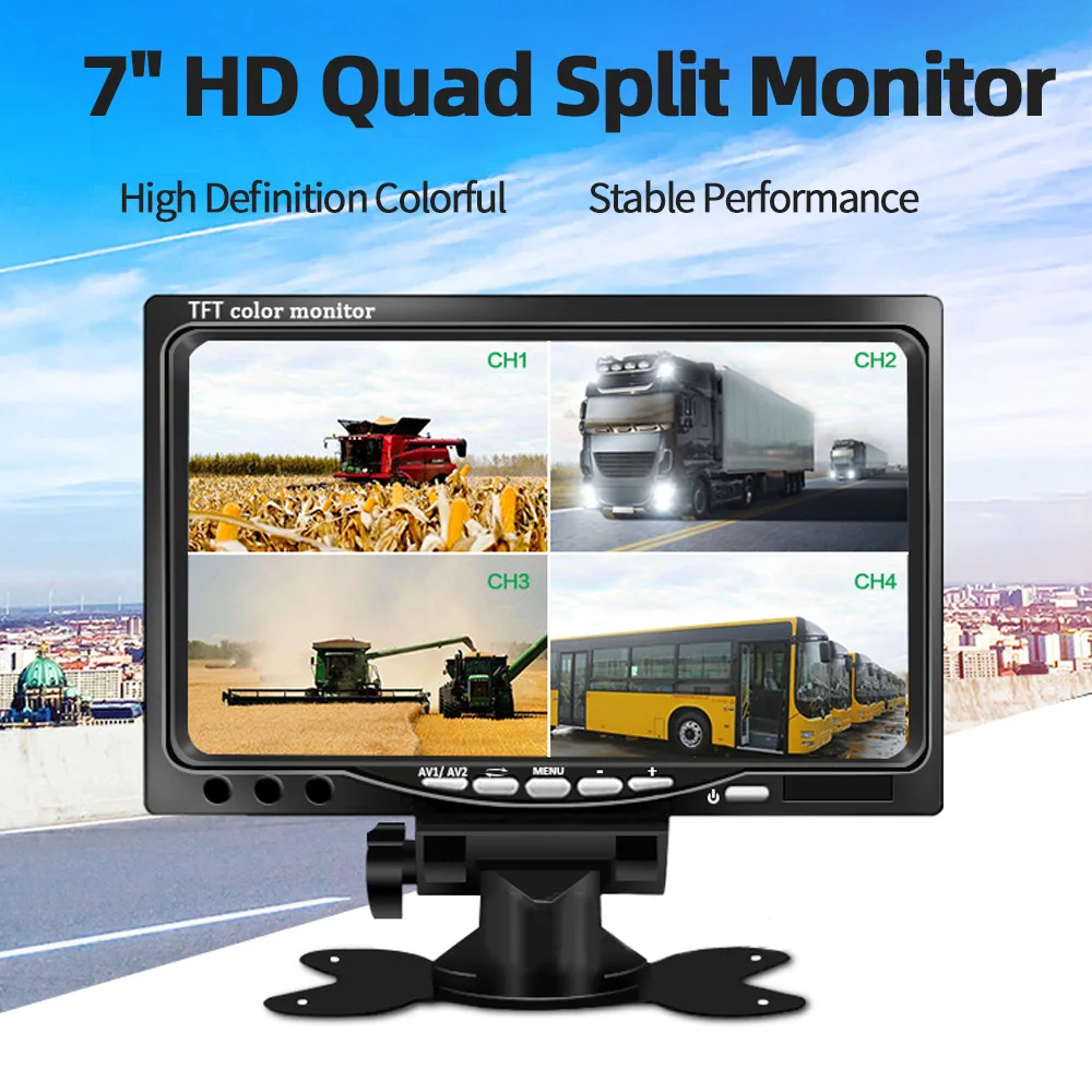 BOENKAI Quad Split 7 Inch Monitor HD Display Side Rear View Backup Camera Set 4 Channels RCA Video Inputs For Rv Truck Bus