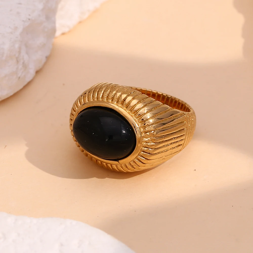 MamacitaSlay 18K Gold Plated Vintage Oval Black Agate Stripes rings stainless steel ring woman jewelry women Finger Decoration