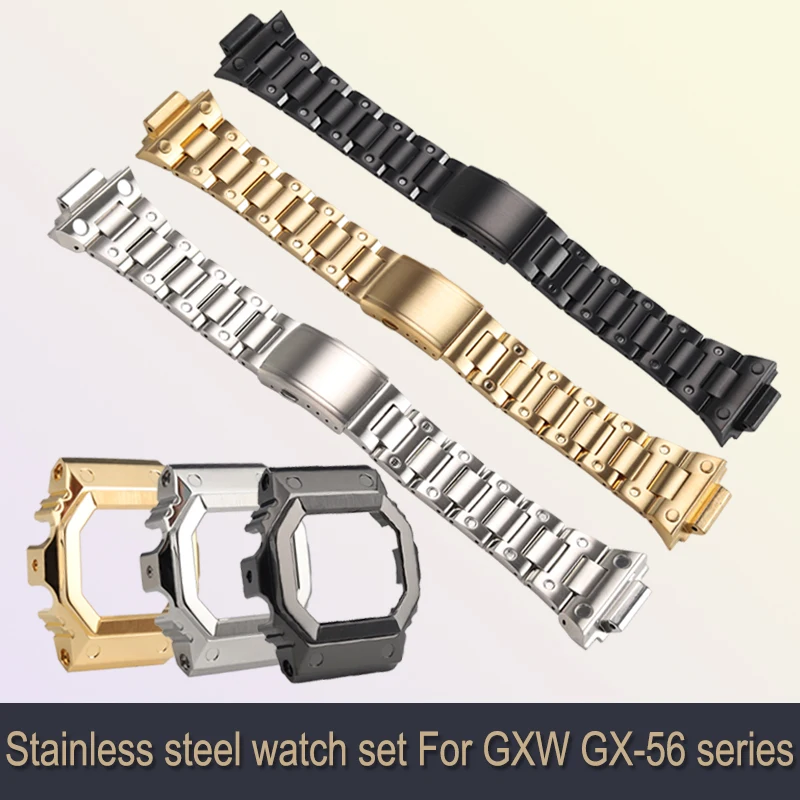 Metal Stainless steel watch strap set For CASIO G-SHOCK GXW GX-56BB GXW-56 high-quality silver black gold band case accessories