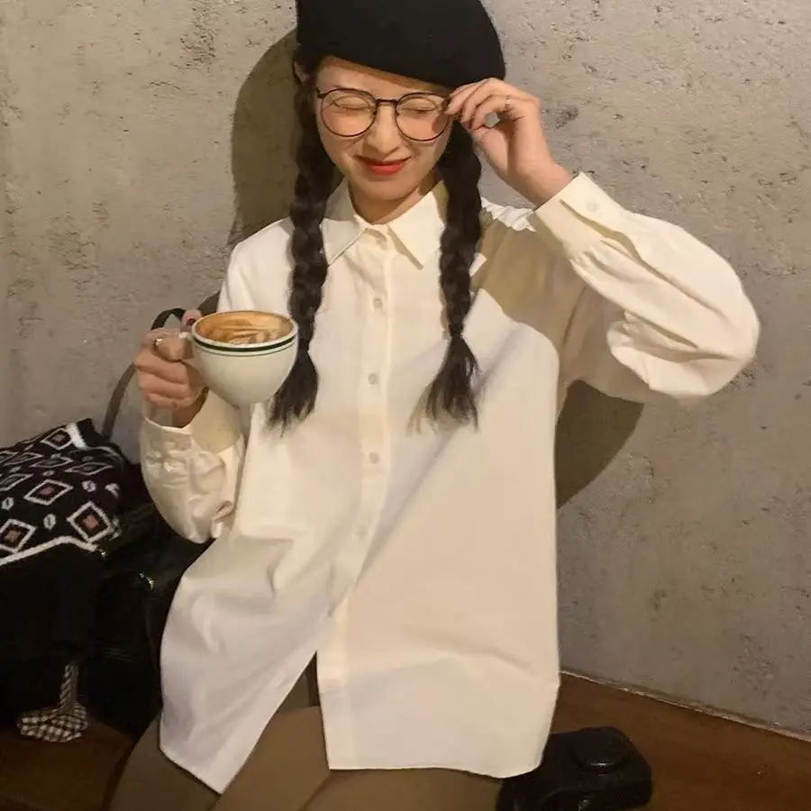 

Women's Basic White Shirt Spring 2025 Layering Trendy Commute Style Loose Fit Long Sleeve Collar UV Protection