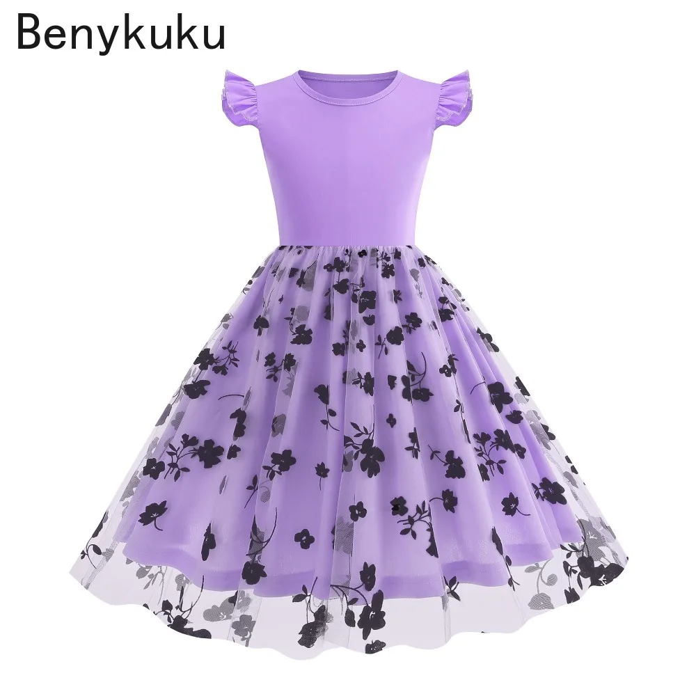 Doce crianças vestidos meninas vintage malha manga voadora em torno do pescoço roupas de princesa crianças casual diário balanço vestido verão 2025