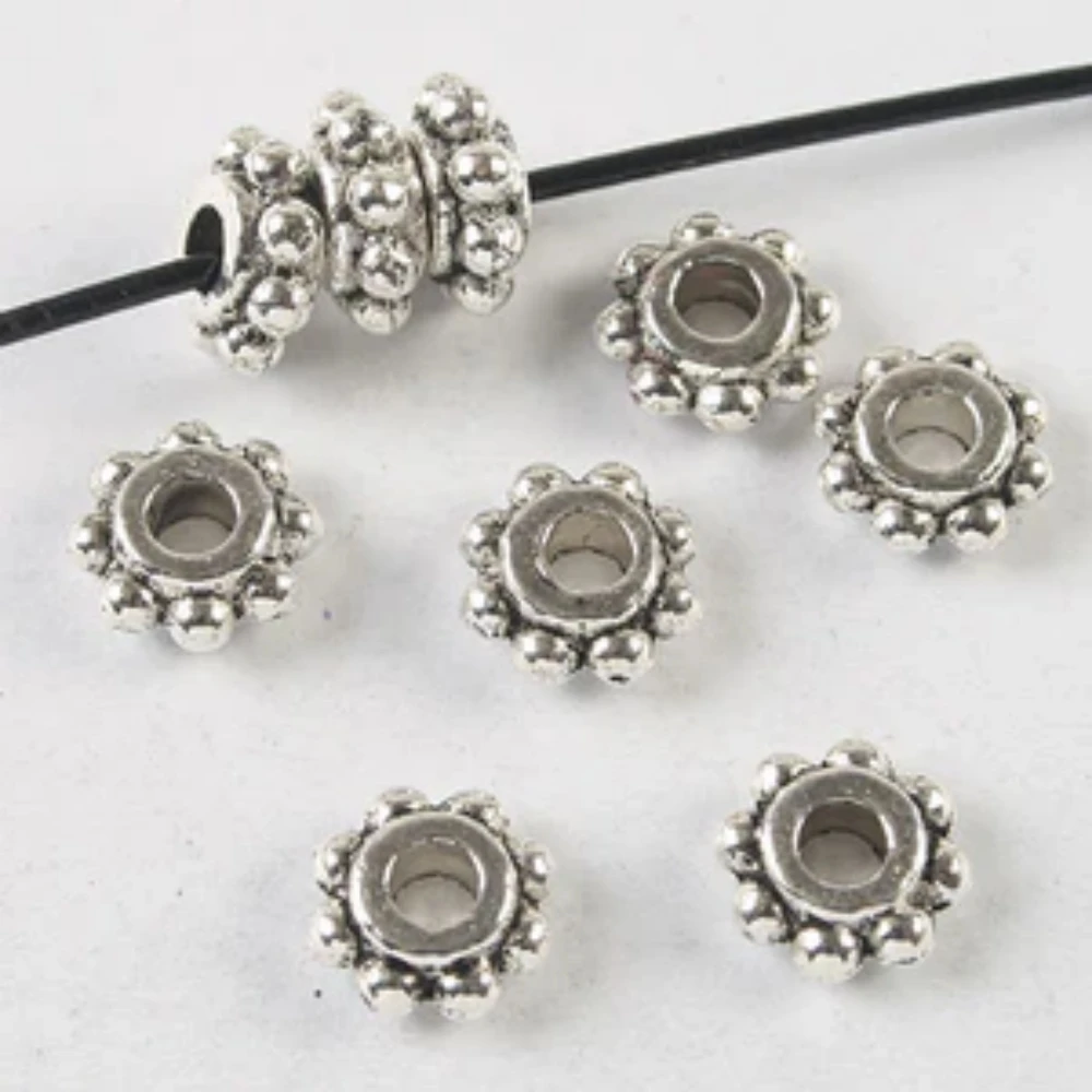 50PCS 7mm,hole2.1mm TIBETAN SILVER COLOR 2SIDED ROUND 7MM DAISY SPACER BEADS H3716