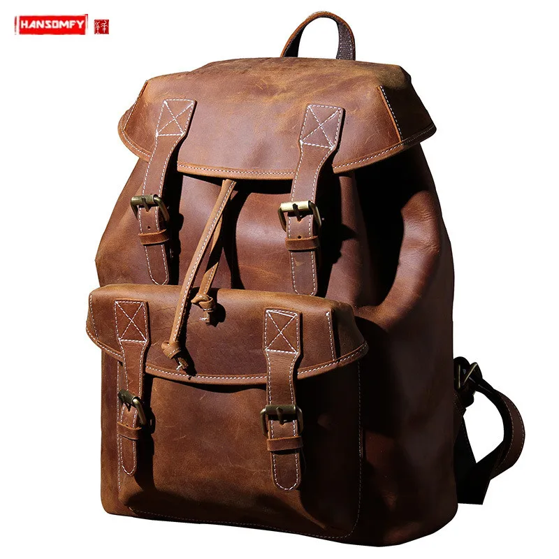 

New Retro Leather Large Capacity Backpack Men Laptop Bag Travel Backpacks Male Crazy Horse Leather Schoolbag First Layer Cowhide