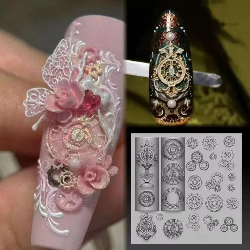 

Exquisite Clock Gears 3D Silicone Nails Mold For Nail Charms DIY Nail Art Decorations Soft Stamping Mold Manicure Design Tools