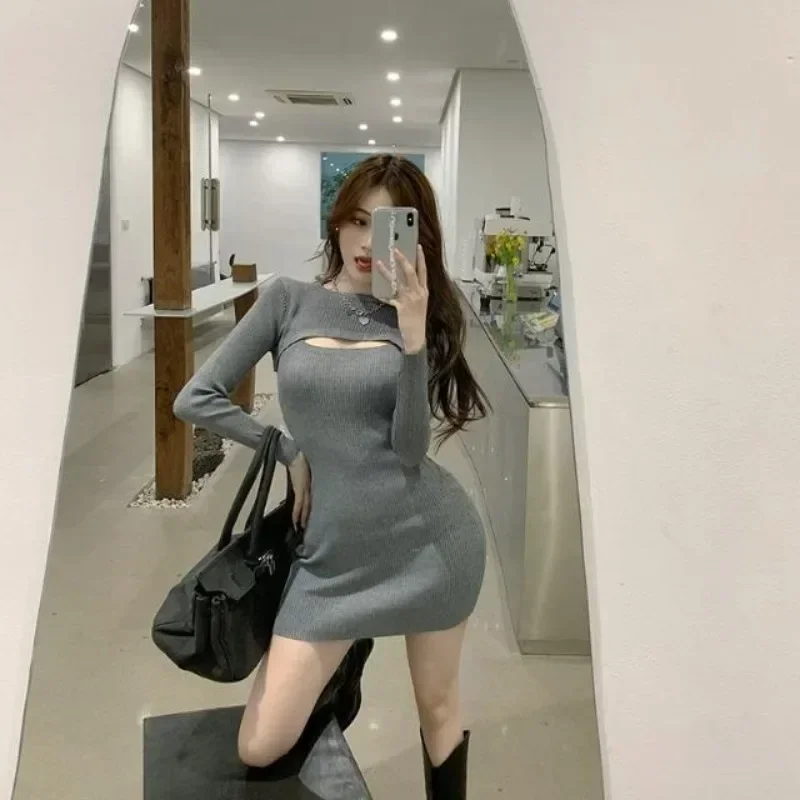 Female Knit Dress Korean Style Women\'s Crochet Dresses Hollow Out Bodycon High Quality Luxury Retro Y2k Vintage Full Sleeve Hot