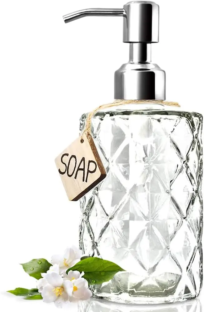 

12 Oz Glass Soap Dispenser with 304 Stainless Steel Pump, Rust Proof, Clear Geometric Design