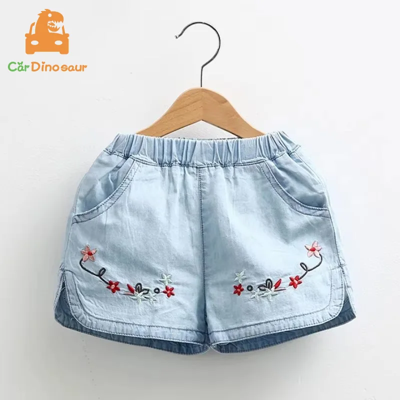 2025 الصيف عادية 2 3 4 سنوات 90-110 سنتيمتر طفل الأطفال الأزرق التطريز الأزهار القطن جيب الدنيم السراويل للأطفال الصغار الفتيات #1