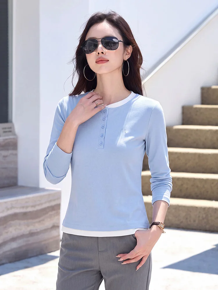New Women Contrast Color Casual Daily Long Sleeve T-shirt Spring Autumn Fashion Button O-Neck Simplicity Patchwork Basic T-shirt