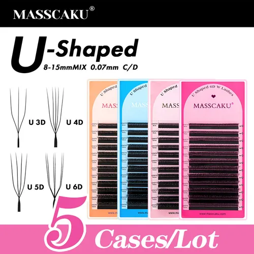 Nueva llegada 5 cajas/lote U estilo 3D 4D 5D extensiones de pestañas C D Curl Denser Slender Cilios Pestañas en forma de U Postizas de MASSCAKU