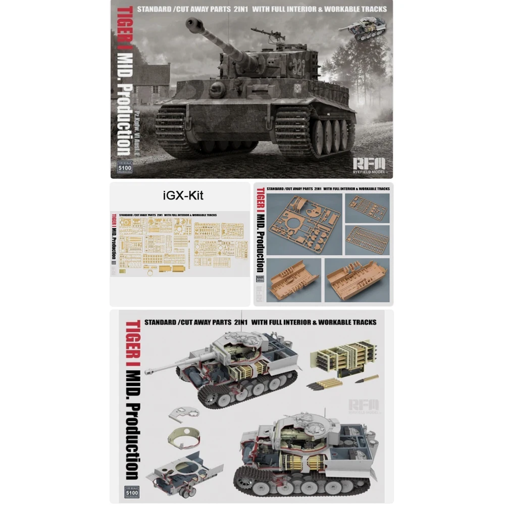 Rye Field 5100 1:35 Scale PzKpfw VI Ausf E TIGER I TANK MID STANDARD/CUT AWAY PARTS 2 IN 1 W/ FULL INTERIOR&WORKABLE TRACKS