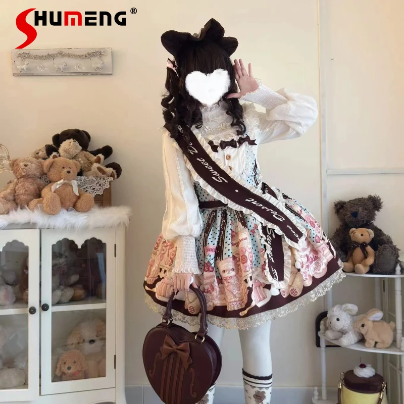 

Original Sweet Lolita Dress JSK Japanese Soft Girls Bear Print Cute Bow Sleeveless Mini Strap Dress Summer Birthday Party Dress
