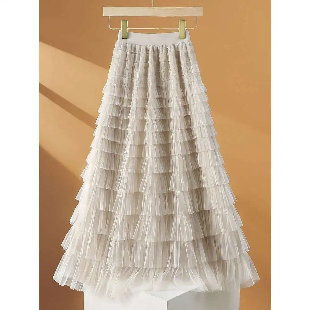 

Spring Summer 2024 Slimming Layered Cake Skirt A-Line Midi Hem Cover Hip Super Fairy f-length Skirt Korean Sle Commute