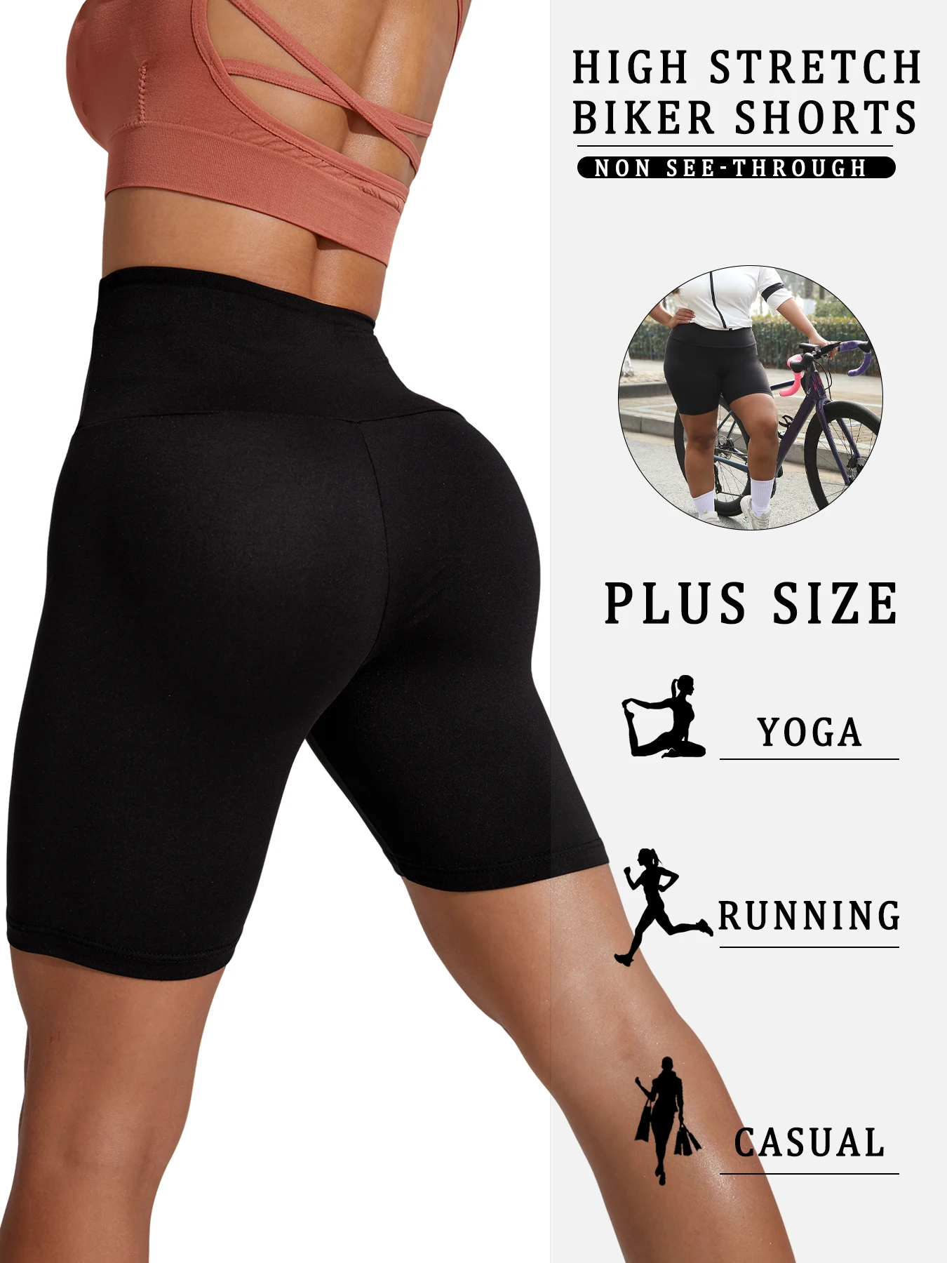 Plus Size 5 Pack Shorts de motociclista para mulheres, cintura alta super macio treino yoga shorts atléticos corrida
