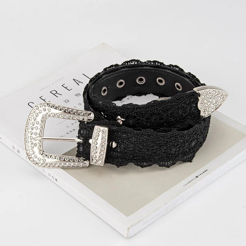 女性のファッションレースダイヤモンド本革ベルト装飾ジーンズドレスベルト
