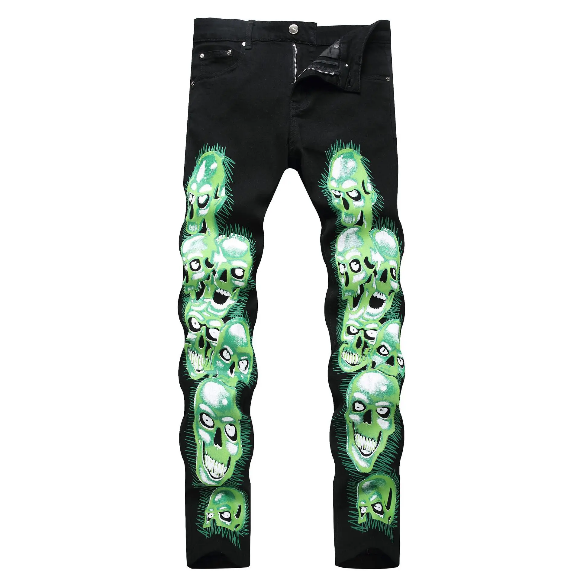 2025 New Mens Skinny Jeans High Street Hip-hop Slim Fit Stretch Pants Male Gothic Style Skull Fashion Trousers 42 Men Clothing