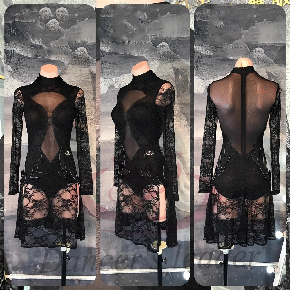 Latin Dancer Adult Children High-End Customized Black Embroidered Mesh High Neck Cha Cha Samba Professional Performance Dress