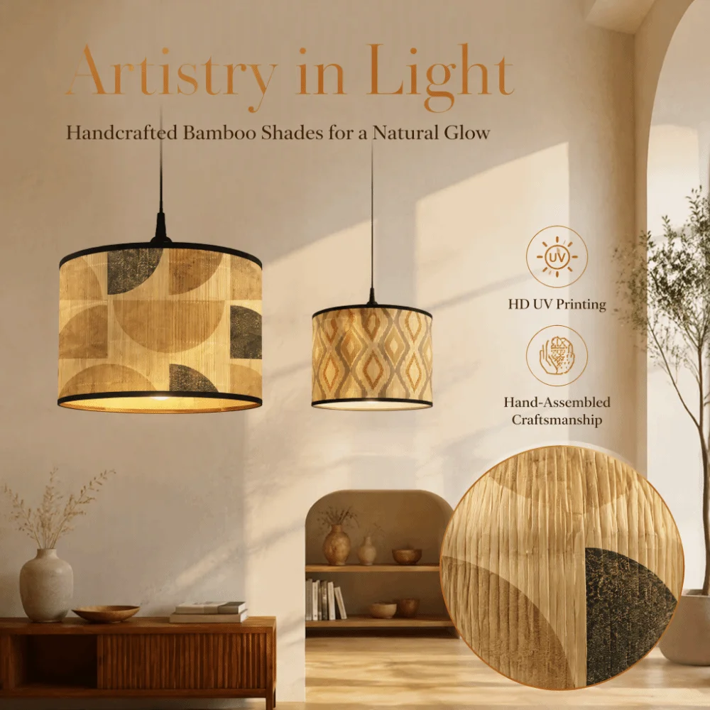 Handmade Bamboo Lampshade Hangable Abstract Line Pattern Retro Lampshade Greenery Patterned Long-Lasting Light Cover